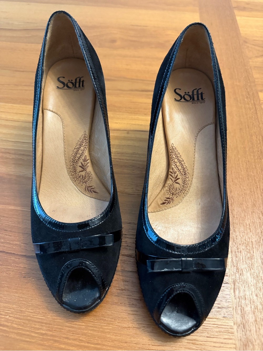Sofft Black Suede Peep Toe Pumps with Patent Trim